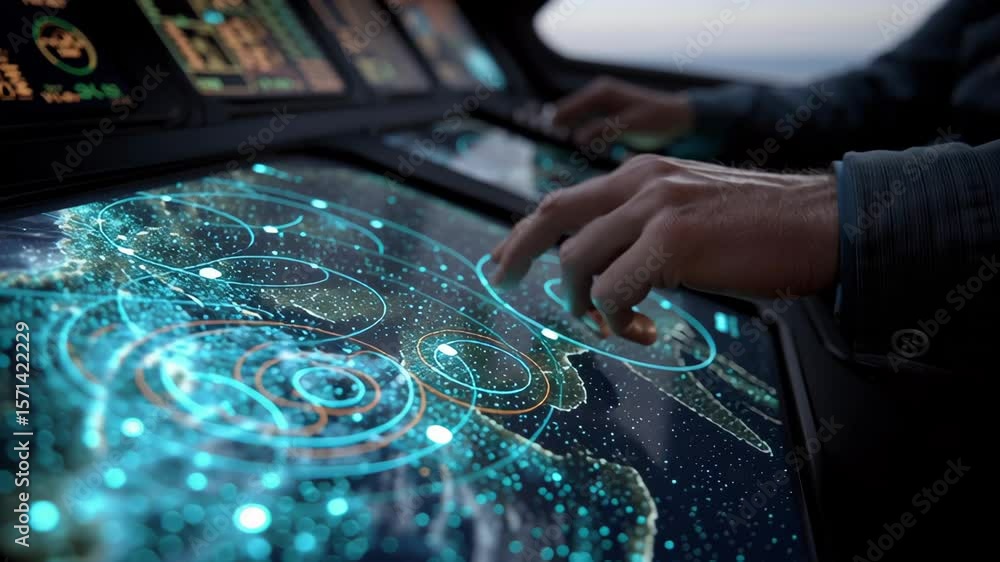 Poster person interacts with a futuristic digital map interface, highlighting data points and connections. 