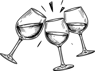clinking wine glasses hand drawn vector sketch	