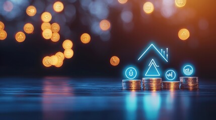 Energy stock finance Stacks of coins with energy related icons, representing the financial value of the energy sector