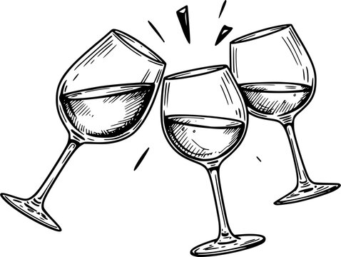 clinking wine glasses hand drawn vector sketch	