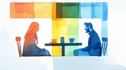 Two individuals engaged in deep conversation over coffee in a vibrant, abstract setting.