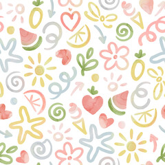 Cute naive seamless pattern, colorful watercolor print with doodles symbols summer, good mood and hearts. Delicate hand drawn isolated illustration for your textile, wallpapers or background.