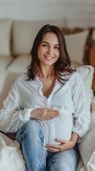 Pregnant caucasian woman wearing white t-shirt and jeans smiling with hands on belly while sitting on bed in cozy bedroom, calm mood and soft light, family and parenting