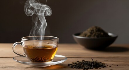 A steaming cup of tea sits on a saucer with tea leaves scattered around, and a bowl of tea in the background.