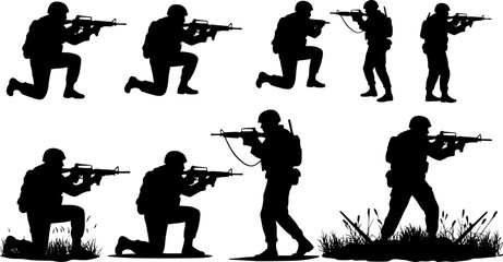 Vector silhouettes of American soldiers in combat positions.
