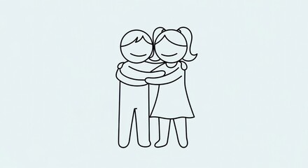 A simple line art icon of a boy and girl, or man and woman, sharing a hug. A minimalist symbol of love, friendship, and a close relationship.