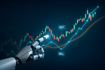 Robot hand pointing at stock market chart with glowing buy and sell indicators showing artificial intelligence in financial trading technology