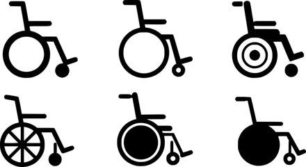 set of black Clean vector icon of a wheelchair silhouette
