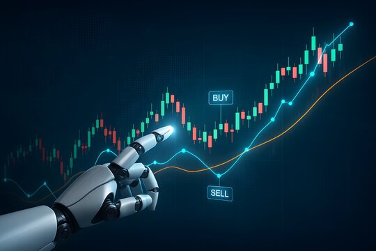 Robot hand pointing at stock market chart with glowing buy and sell indicators showing artificial intelligence in financial trading technology - Powered by Adobe