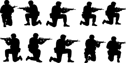 Vector silhouettes of American soldiers in combat positions.
