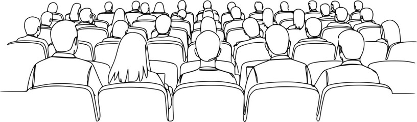People sit cinema hall back rear view looking at screen continuous one line drawing. Hand drawn audience cinema, theatre vector silhouette. Crowd of people in the auditorium contour illustration