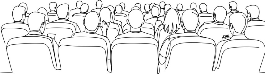 People sit cinema hall back rear view looking at screen continuous one line drawing. Hand drawn audience cinema, theatre vector silhouette. Crowd of people in the auditorium contour illustration