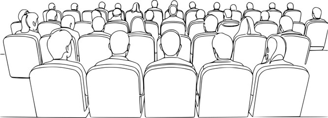 People sit cinema hall back rear view looking at screen continuous one line drawing. Hand drawn audience cinema, theatre vector silhouette. Crowd of people in the auditorium contour illustration