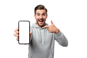 young man holding a blank phone isolated on white