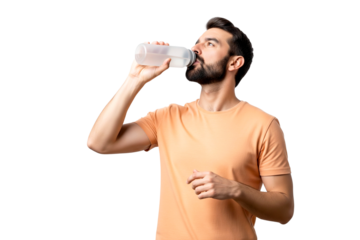 young man drinking water isolated on white