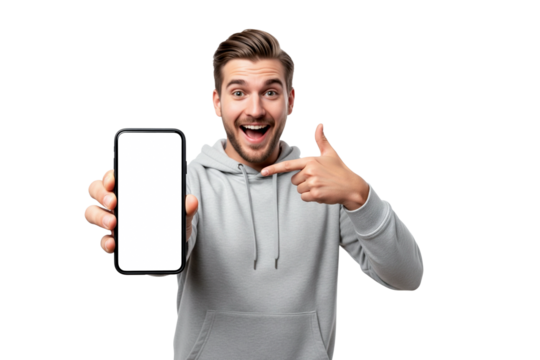 young man holding a blank phone isolated on white - Powered by Adobe