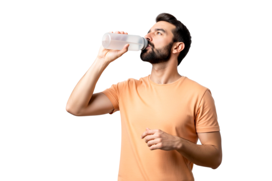 young man drinking water isolated on white - Powered by Adobe