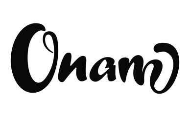 Elegant hand-lettered "Onam" wordmark in bold black cursive script on a white background. Modern, minimalist, and decorative typographic design. Centered and clean layout.