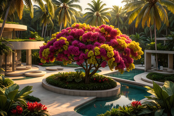 Purple flowers bloom brightly along metal frame, enhancing the calm and structured urban garden path.