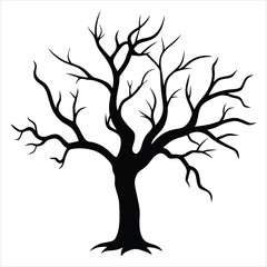 Vector art of a detailed silhouette of a bare tree, its intricate branches reaching towards the sky in a winter scene. Ideal for use in seasonal designs, Halloween themes, nature-inspired artwork,