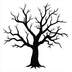 A detailed silhouette of a leafless tree with visible roots, its intricate branches creating a striking vector image. Ideal for use in seasonal designs, Halloween themes, nature-inspired artwork