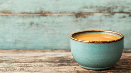 Aromatic bone broth simmering in a handcrafted ceramic cup, placed on a weathered wooden table, creating a cozy and inviting scene