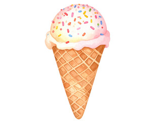 Cute Watercolor Style Vanilla Ice Cream with Sprinkles in Cone &ndash; Child-Friendly Illustration Isolated