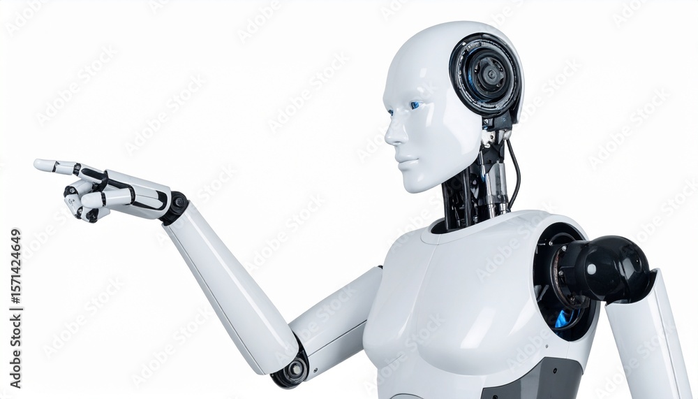 Poster a futuristic robot with its arm extended pointing, a symbol of future and technology. the robot has 