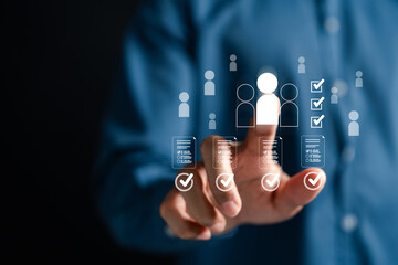 Human resources hiring and digital resume verification with checklist forms, online document...