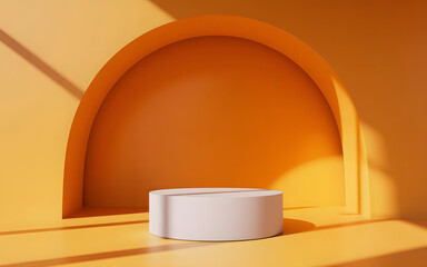 Vibrant Orange Interior with Minimal White Pedestal for Product Display &ndash; 3D Rendering Mockup Scene