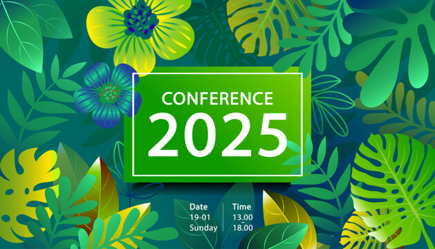 Business conference events template featuring lush tropical leaf design. A modern, eco-friendly concept for a business summit seminar, virtual event. vector for poster, banners, social media.