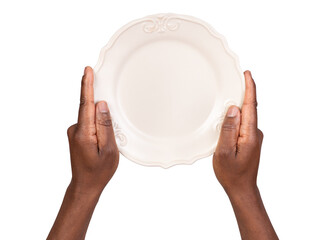 Human hands holding an empty white plate isolated on white or transparent background, top view	
