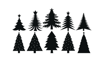 Obraz premium Collection of diverse black christmas tree silhouettes with decorative elements and stars