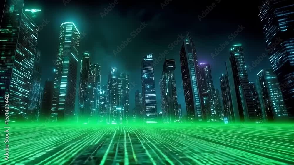 Aufkleber neon green digital metropolis with glowing skyscrapers and matrix-like data streams illuminating urb