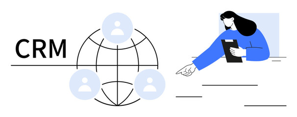 Global connections with user profiles, professional reviewing clipboard. Ideal for CRM, customer analytics, networking, team collaboration, global business, marketing tools, simple landing page