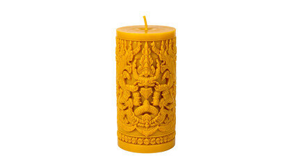 A decorative candle with intricate carvings, radiating warmth and tranquility. The golden-yellow hue adds to its aesthetic appeal