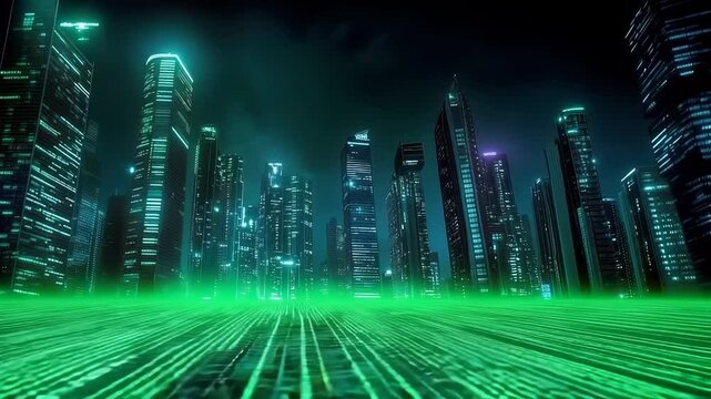 Neon green digital metropolis with glowing skyscrapers and matrix-like data streams illuminating urban landscape at night. Technological visualization of interconnected urban environment.