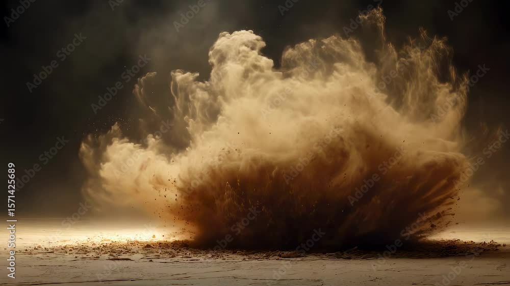 Poster brown powder exploding on a white surface creating a large plume of dust and particles, with dark ba