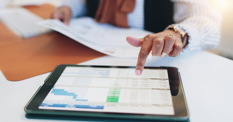 Hands, tablet and screen with spreadsheet, office and human resources management at corporate...