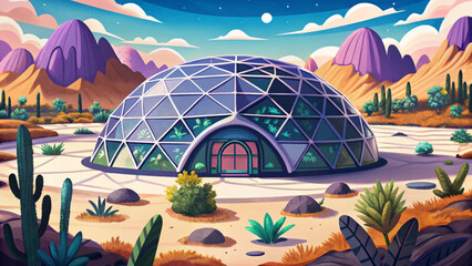 Futuristic dome vector, nature reserve in barren wasteland, sci-fi eco concept, environmental survival, green oasis, desert future, climate change, protected biome, advanced technology