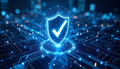 A digital shield with a checkmark symbol, representing cyber security