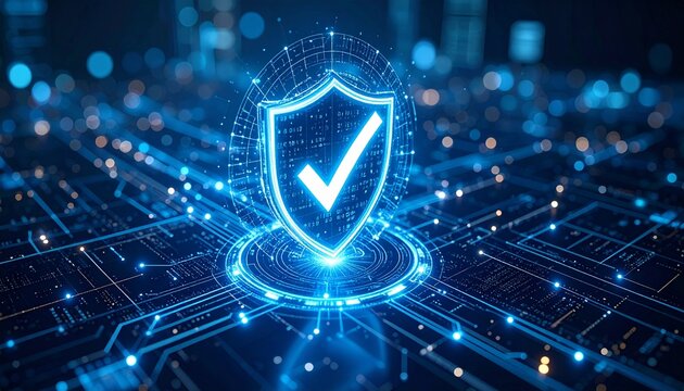 A digital shield with a checkmark symbol, representing cyber security