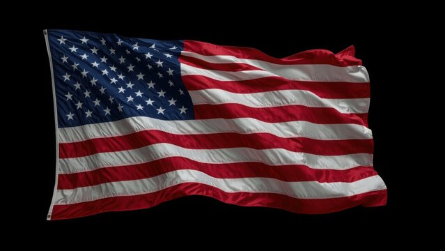 A full view of the american flag waving with red and white stripes and blue stars on a black background