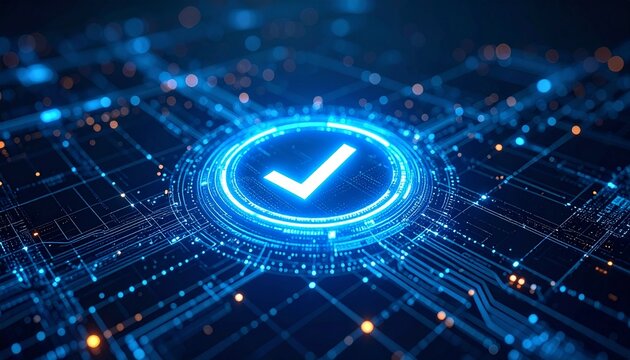 A digital network of a verified circuit board with glowing lights. The image highlights the technological design and digital verification