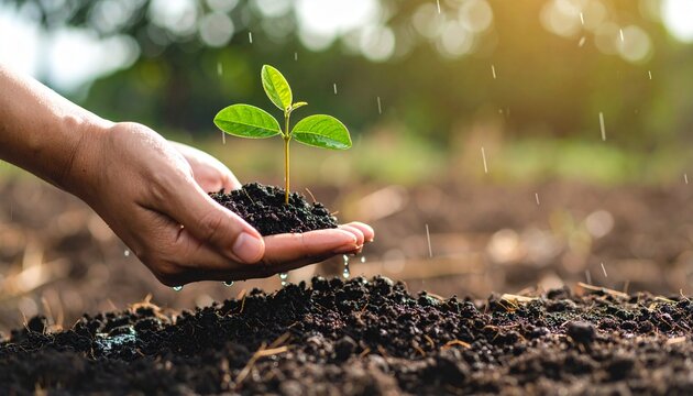 Human hands gently holding a young green seedling, symbolizing growth and care. Droplets of water nourish the soil around it, while the background hints at a thriving ecosystem - Powered by Adobe