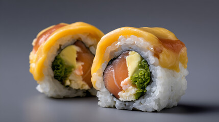 Delicious sushi roll with fresh salmon, creamy avocado, crunchy vegetables, and a rich cheese topping on a minimalistic gray background