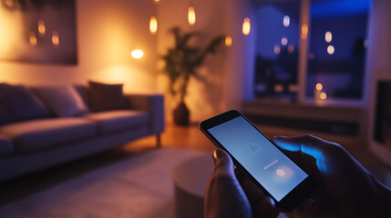 realistic close-up of person controlling smart lights via smartphone, blurred living room in background