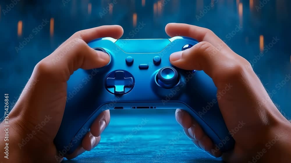 Poster close-up of hands holding a blue gradient gaming controller against a blurred blue background with s