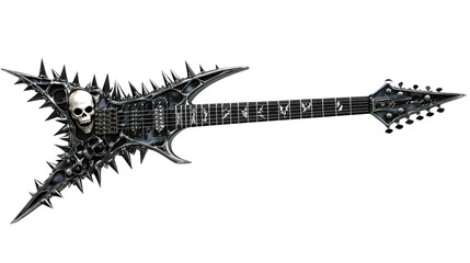 Heavy metal guitar with spikes, skulls, and aggressive styling, background isolated on a Transparent background, PNG file.