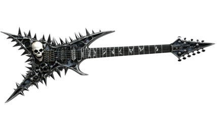 Heavy metal guitar with spikes, skulls, and aggressive styling, background isolated on a Transparent background, PNG file.
